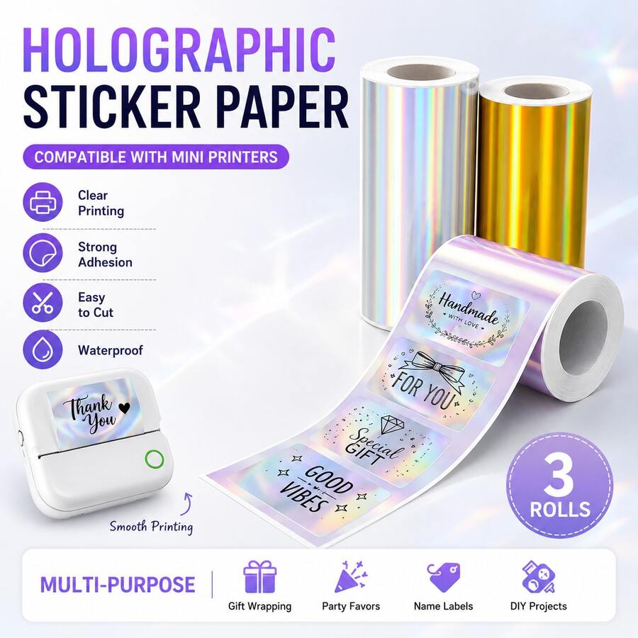 Holographic Continuous Sticker Paper, Self-Adhesive Thermal Labels Compatible With Mini Portable Printers, Multi-Purpose Holographic Stickers For Names, Gift Wrapping, Holiday Parties & DIY Decoration - View 1