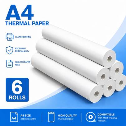 6 Rolls, A4 Thermal Paper (210mm X 30mm) - 7m Clear & Fade-Resistant Printing, Universally Compatible With Portable Printers, Bulk Replacement For Home & Office Use