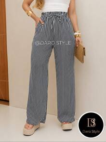 Wide Leg Striped Palazzo Pants With Pockets, NO Elastane (Size Chart Available) - 黑色 - 查看 2