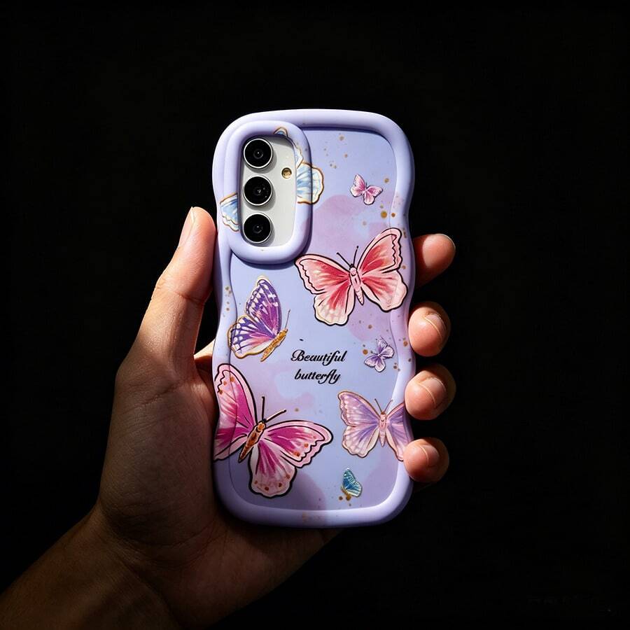 1pc Colorful Butterfly Cute Multicolor Floral Pattern Retro Splash Ink Creative Fashion European And American Girly Flesh Tone, Macaron Color Full Coverage Anti-Drop Wavy Cream Style Phone Case, [International Version Not Domestic Version] Compatible With Android//Galaxy/A/S/FE/Plus/Ultra///Pro/Note/Poco/X///Hot/Play/Spark/Pop/Smart//Reno//Honor//E/G/ Phones