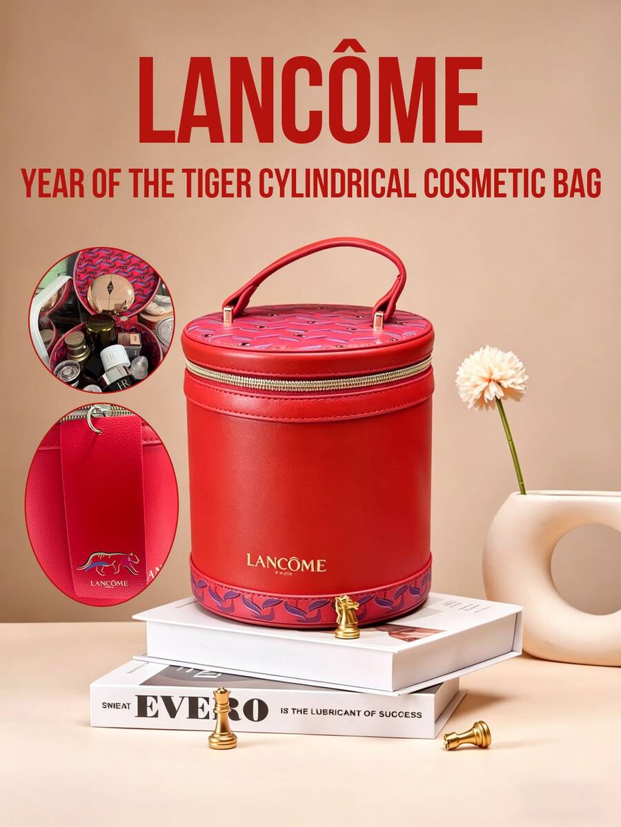 Lancôme Túi đựng mỹ phẩm hình trụ phiên bản giới hạn Lancome Năm con hổ, da đỏ, khóa kéo vàng, họa tiết da hổ, thiết kế thời trang, di động, phụ kiện trang điểm cao cấp phù hợp cho phụ nữ và thanh thiếu niên, có thể đựng mỹ phẩm và sản phẩm chăm sóc da, chế tác thủ công cao cấp của Pháp, bao bì quà tặng cao cấp, hình trụ, đựng đồ trang điểm thời trang và thiết thực, phù hợp cho túi xách, phòng tập thể dục, du lịch, chất liệu bền và có thể tái sử dụng, lý tưởng làm quà tặng sinh nhật, Giáng sinh, Ngày Valentine.