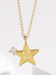 2件套欧美风格星月锁骨链，镂空笑脸星月锆石吊坠饰品 - 彩色 - 查看 9