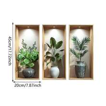 3pcs 3D Visual Effect Green Plant Vase Wall Sticker, Removable Self-Adhesive Waterproof PVC Sticker, Suitable For Living Room, Sofa Background Wall, Entryway, Office, Home Decoration. - Wall Stickers - View 4