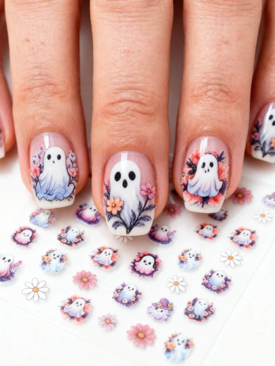 1pc Colorful Flower Ghost Nail Stickers, Self-Adhesive Disposable Embossed Nail Art Decals, Cute Style Nail Art Stickers, Suitable For Holiday Party, Cartoon Pattern - Multicolor - View 1