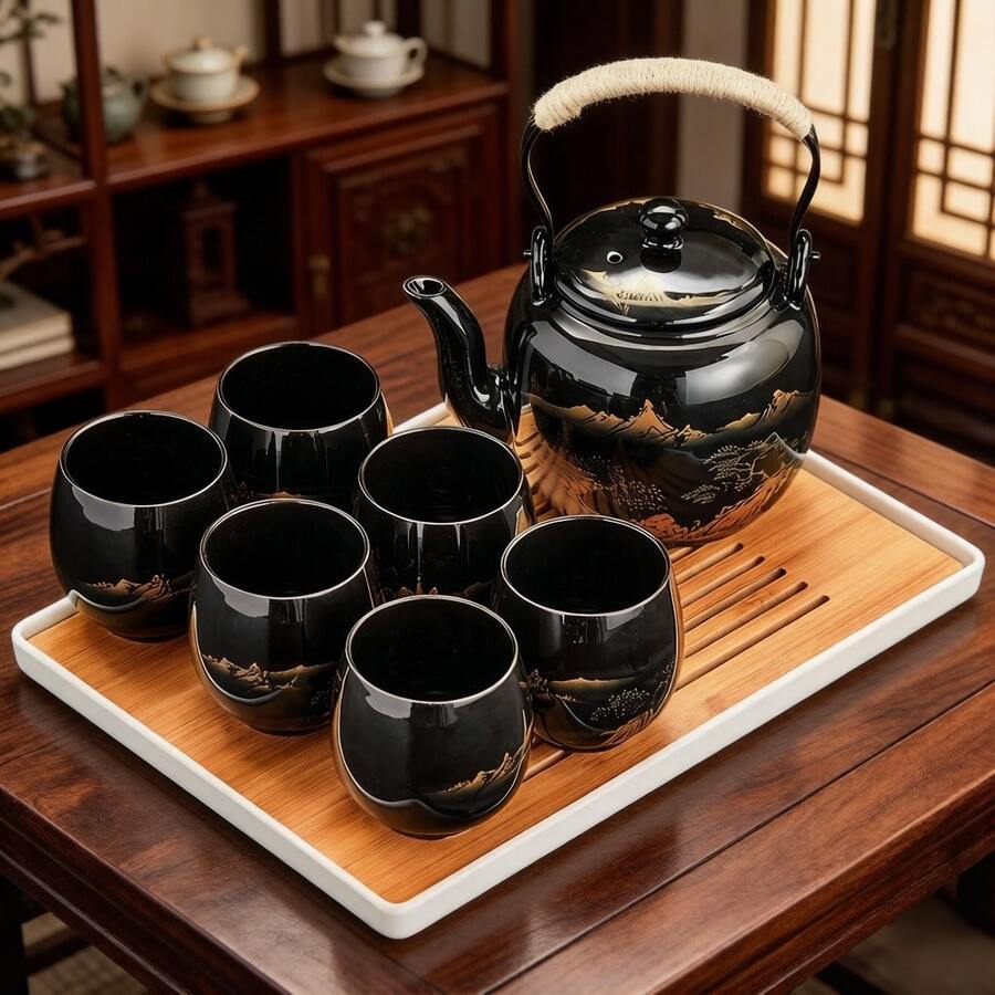 黑色陶瓷茶具套組含茶杯,適合成人、茶愛好者/女性/男性,完美適用於日常使用、辦公室或節日款待朋友,送給朋友、家人或心愛之人的禮物(金色鄉村風) - 黑色山水 - 查看 1
