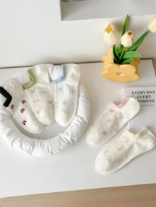 1/3/5 Paar Schleifen & Blümchen Knöchelsocken, leichte Damen Kurzsocken, modische Blumen Serie Bootsocken mit niedrigem Schnitt, geeignet für Outdoor-Sport, Wandern, Laufen, Fitness, Yoga, Pilates, täglichen Gebrauch dünne Damensocken, elastischer Bund Sport Bootsocken - Verschiedenfarbig - Übersicht 2