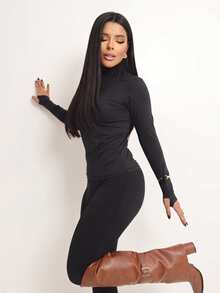 Basic Polyamide Blouse, Long Sleeves With Thumb Loops, High Neck. - Black - View 4