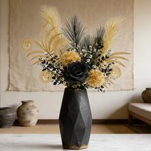 1組奢華黑金人造花藝花束，含黑玫瑰與金絲絨球、螺旋金屬線葉片及芒草飾物，仿真花束，適用於客廳桌面、臥室梳妝台、辦公室接待區的優雅家居裝飾，哥德風華麗室內佈置（不含花瓶） - 金色 - 查看 3