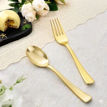 200/100/50/25/10 件套金色可重复使用餐具套装，包含叉子、勺子、蛋糕叉、甜点勺、沙拉叉、意面叉勺，适用于生日、婚礼、派对、家庭聚会、团队建设、户外烧烤、露营、宴会、学校用品、毕业典礼、节日派对等多种场合。 - 金色 - 查看 7