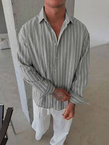 男士条纹长袖休闲衬衫，宽松版型，简约百搭设计，适合多季节日常穿着，舒适透气。 - 淺灰色 - 查看 5