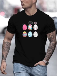 Colorful Easter Eggs With Hearts, Dots, Clouds, And Rainbows Symbolize Joy, Hope, And Renewal, Conveying Positive Energy And Festive Spirit. Men's Casual, Modern, Comfortable T-Shirt For Everyday Wear. - 黑色 - 查看 1