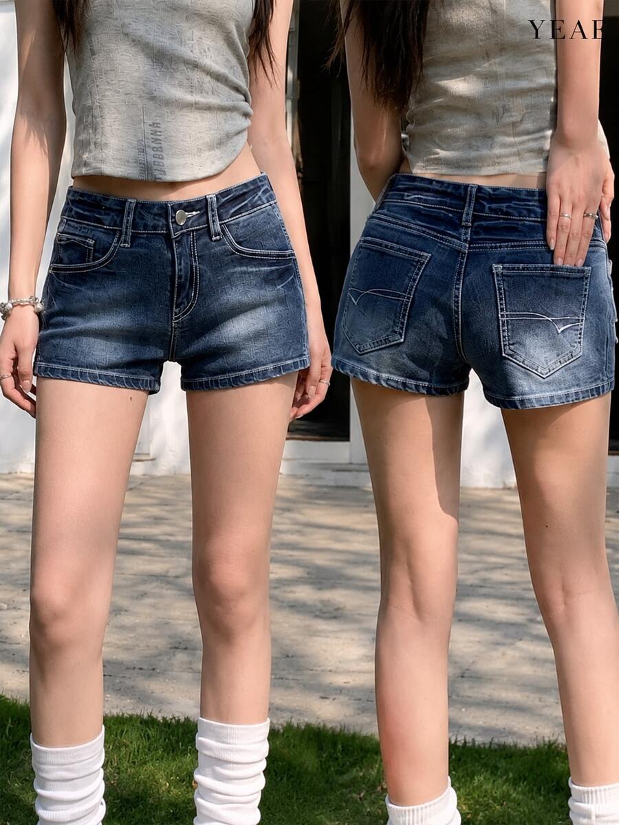女款休閒百搭牛仔短褲,附口袋,夏季款 - 深色水洗藍 - 查看 1