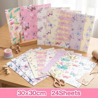 24 tờ giấy scrapbooking họa tiết bướm và hoa màu hồng, kích thước 11.8 inch, thích hợp để ghi chú, cắt dán, làm thiệp, album ảnh và đồ thủ công DIY. Tuyệt vời cho đồ dùng học tập, quà tặng bạn bè, sinh nhật, tốt nghiệp.