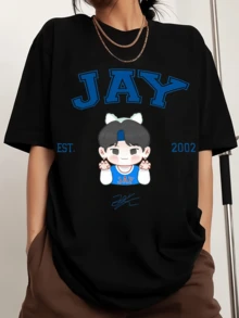Jay Enhypenss Chibi Crew-Neck Printed Men's Fashion Short-Sleeve Sports T-Shirt - Black - View 6