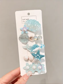 5pcs/Set Ocean Theme Hair Clips, Mermaid Shell Starfish Pearl Hair Clips, Cute Blue Ocean Animal Hair Accessories, Suitable For Children Girls Summer Beach Party - Blue - View 6