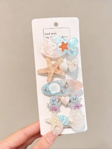 5pcs/Set Ocean Theme Hair Clips, Mermaid Shell Starfish Pearl Hair Clips, Cute Blue Ocean Animal Hair Accessories, Suitable For Children Girls Summer Beach Party - Blue - View 8