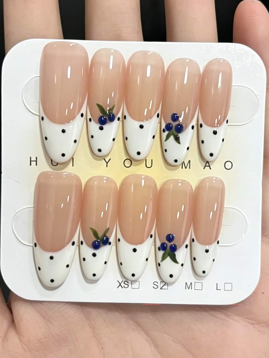 10 Móng Tay Giả Kiểu Pháp Màu Xanh Việt Quất, Móng Tay Giả Màu Nude Hình Hạnh Nhân Trung Bình Điểm Nhấn Chấm Bi, Móng Tay Giả Thủ Công Có Thể Tái Sử Dụng Cho Mùa Hè & Thường Ngày - Nhiều màu - Xem 1