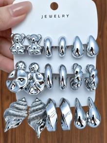 6-18pcs Silver-Tone Women's Fashion Hoop Earrings/Stud Earrings Set, Including Seashell, Teddy Bear, Teardrop, C-Shaped Hoops, Ball Studs Designs, Summer Chic Silver Tone, Great Gift For Graduation/Vacation Season For Friends, Lovers, Classmates - Silver - View 1