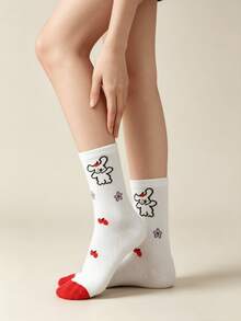 1/5 Pairs Summer Thin Versatile Cute Cat Striped & Polka Dot Mid-Calf Socks - Multicolor - View 6