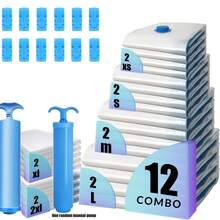 Grup Erik 12件多尺寸真空收納袋(2件30x40cm、2件30x50cm、2件35x40cm、2件35x50cm、2件40x60cm、2件50x70cm)附手壓幫浦,氣密省空間收納袋,適用旅行衣物、床上用品、衣櫥居家收納 - 彩色 - 查看 2