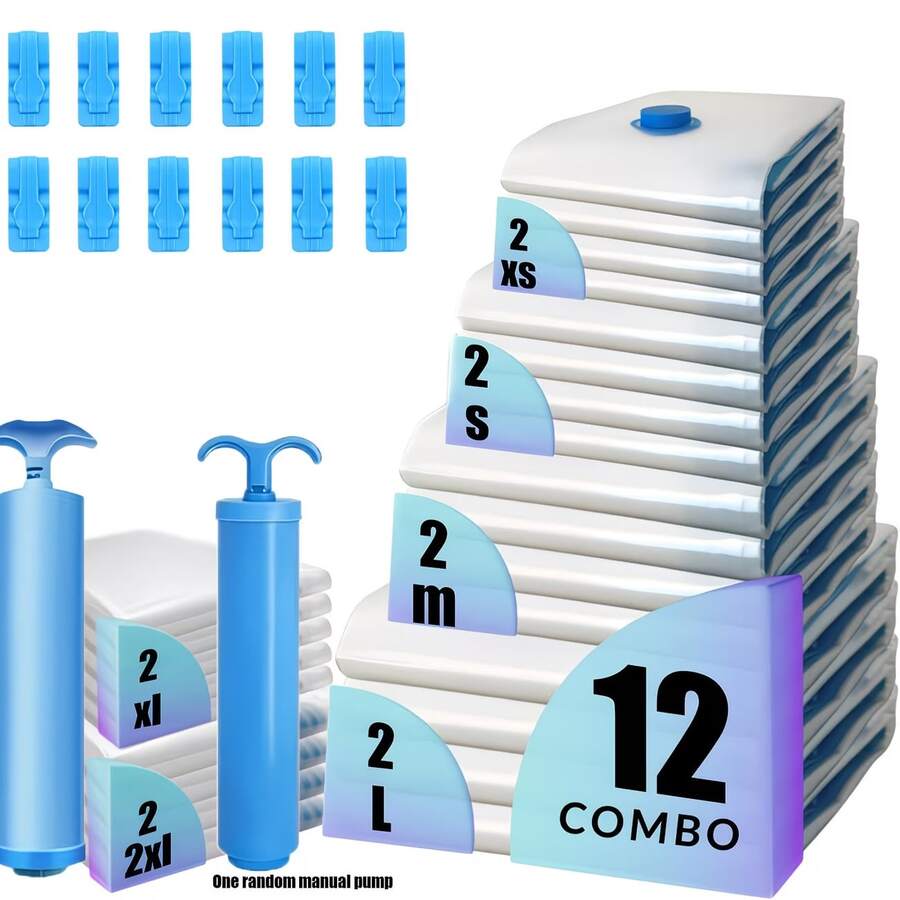 Grup Erik 12件多尺寸真空收納袋（2件30x40cm、2件30x50cm、2件35x40cm、2件35x50cm、2件40x60cm、2件50x70cm）附手壓幫浦，氣密省空間收納袋，適用旅行衣物、床上用品、衣櫥居家收納