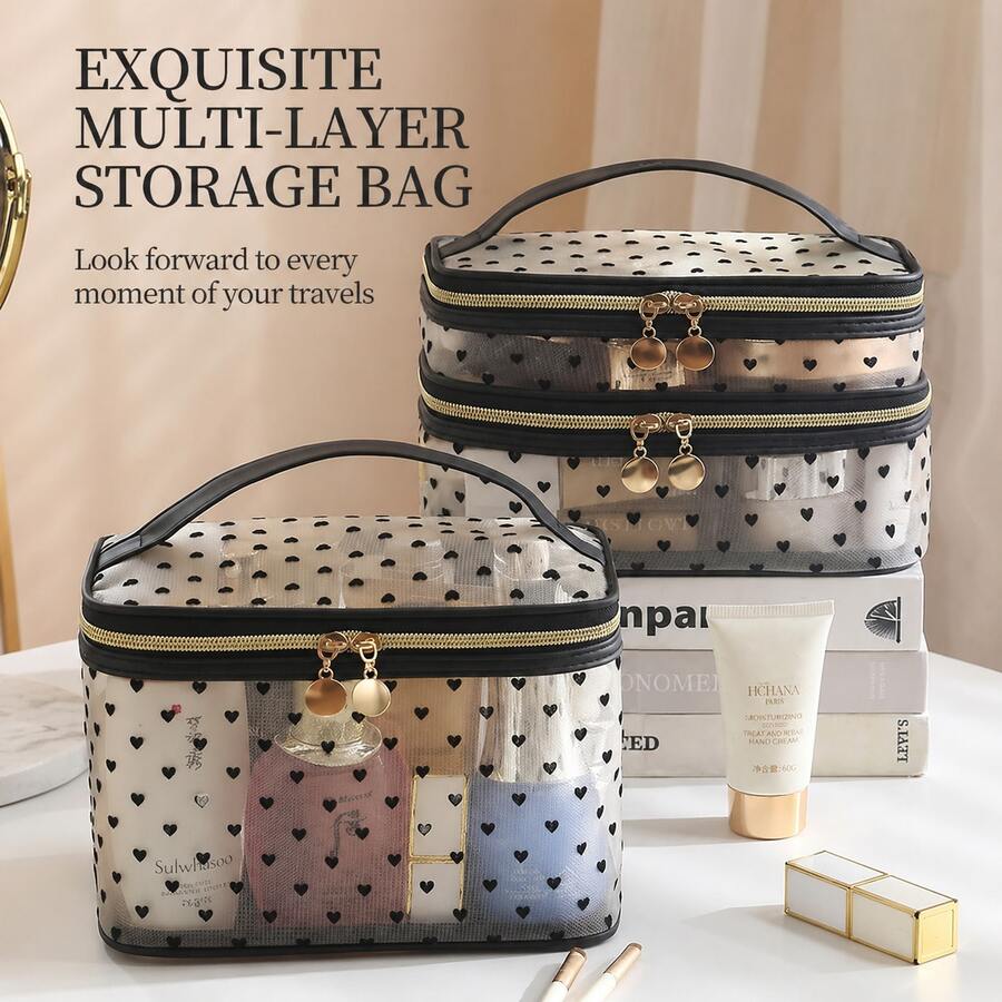 Bolsa de maquillaje de malla transparente de doble capa con estampado de corazón lindo, bolsa de almacenamiento de artículos de tocador portátil, organizador multifuncional para viajes y uso diario - Multicolor - Ver 1