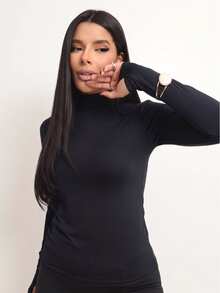 Basic Polyamide Blouse, Long Sleeves With Thumb Loops, High Neck. - Black - View 3