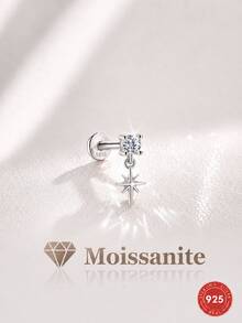 1 chiếc khuyên tai bạc 925 mạ vàng 18K, kiểu dáng ngôi sao tám cánh đính đá Moissanite thời trang, không gây dị ứng và không phai màu, lý tưởng cho trang phục thường ngày, dự tiệc và làm quà tặng ngày lễ. - Bạc - Xem 1