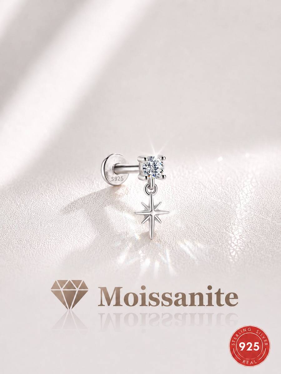 1 chiếc khuyên tai bạc 925 mạ vàng 18K, kiểu dáng ngôi sao tám cánh đính đá Moissanite thời trang, không gây dị ứng và không phai màu, lý tưởng cho trang phục thường ngày, dự tiệc và làm quà tặng ngày lễ. - Bạc - Xem 1