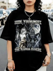 Alpha Wolf Humorous "Hide Your Wife" T-Shirt, Y2K Bootleg Streetwear Style - Black - View 1