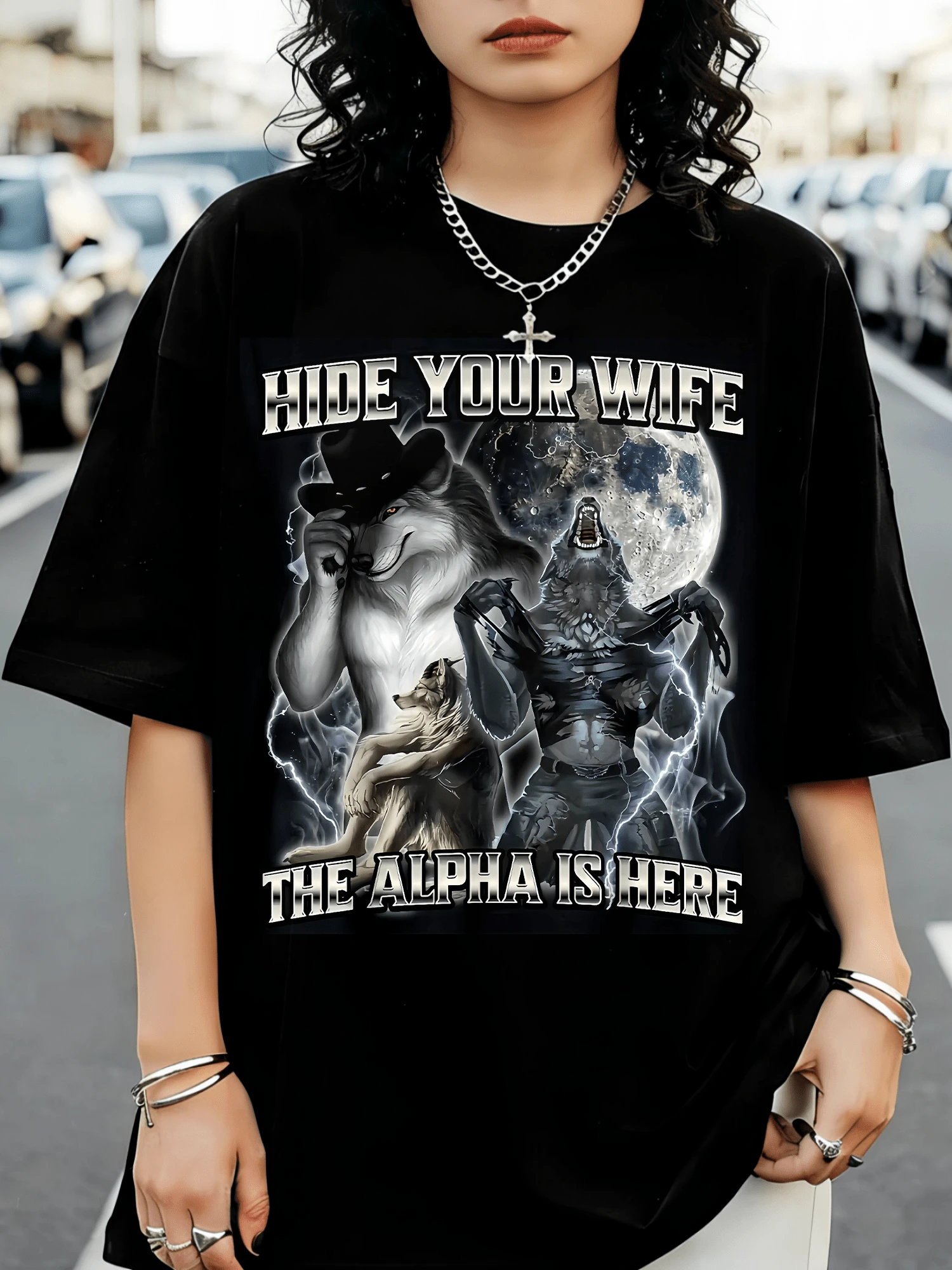 Alpha Wolf Humorous "Hide Your Wife" T-Shirt, Y2K Bootleg Streetwear Style - Black - View 1