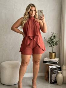 Women's Jumpsuit With Halter Neck, Ruffled Front, And Open Back - 米色 - View 2