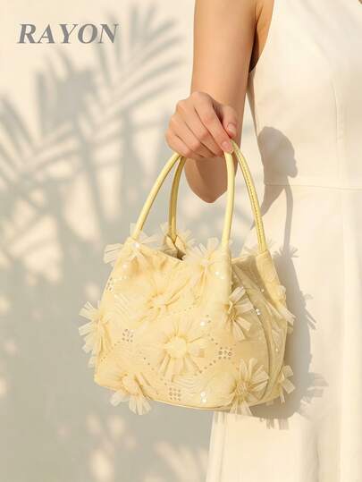 1 pieza Bolso de cubo elegante de color amarillo crema con decoración de flecos, lentejuelas y flores 3D de malla, estilo dulce, bolso de mano de mujer con fondo plisado de tela de patchwork bordado, accesorio de vestido de novia o dama de honor para boda o vacaciones