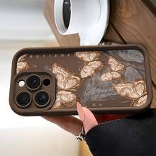 1pc Vintage Style Butterfly Phone Case, Made Of High-Quality Bamboo, Deep Brown Base With Light Brown Butterfly Sketch Pattern, Compatible With Apple 7/8/XR/11 Pro Max/12 Pro Max/13 Pro Max/14 Pro Max/15 Pro Max/16 Plus/16 Pro Max/17 Pro Max/17, 16E, Phone Accessories, Phone Protective Cover - Brown - View 3