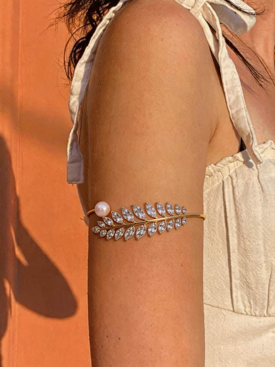 1pc Bohemian Style Summer Crystal Leaf & Pearl Multilayer Geometric Open Cuff Bracelet, Minimalist Vacation Accessory - JL2731 Gold - View 1