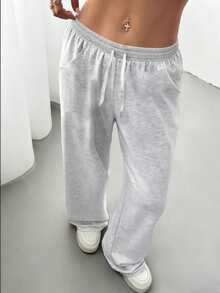 1 pieza Pantalones casuales de pierna ancha con cintura ajustable para mujer, uso diario y deportivo - Gris Claro - Ver 5