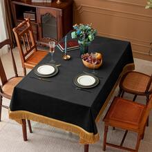 1pc Luxury Tassel Velvet Table Cloth, Mysterious Black, Easy To Clean, High-End Home Decor For Dining Table, Living Room - Multicolor - View 1
