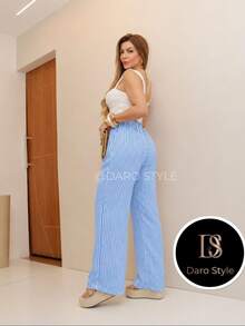 Wide Leg Striped Palazzo Pants With Pockets, NO Elastane (Size Chart Available) - 藍色 - 查看 3