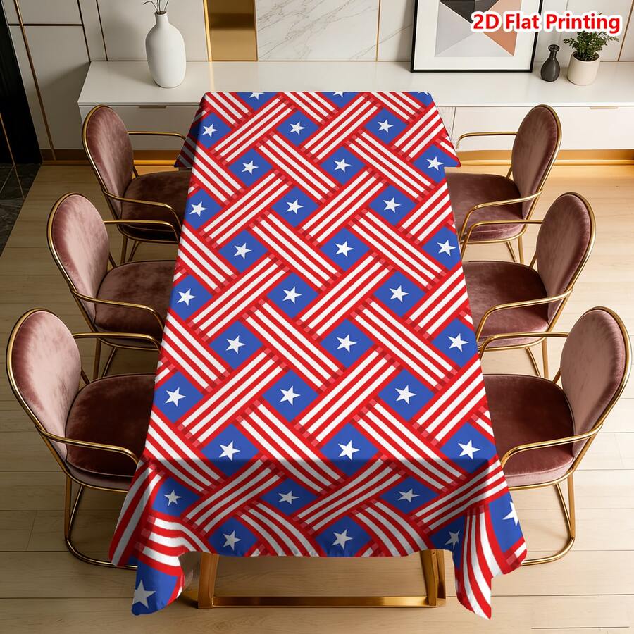 1/2pcs Independence Day Tablecloth, American Flag Style Woven Pattern Tablecloth, Polyester Material, Suitable For Kitchen, Dining Room, Coffee Table, Picnic, Camping, Countryside Decor, Table Protection, Independence Day Decoration, Red White Blue Classic Color, Star Stripe Element Design, Multi-Scene Applicable, Essential Home Decor - Multicolor - View 1