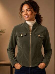 JAQUETA FEMININA CONFORTO  VELUDO COTELÊ  ZIPER DOURADO FRONTAL PREMIUM LANÇAMENTO OUTONO INVERNO - Verde Militar - Visão 1