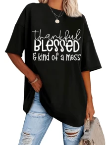 Palabras que expresan gratitud y bendición acompañadas de un toque divertido reflejan una actitud positiva y relajada que inspira confianza y alegría camiseta de mujer casual de manga corta cómoda para uso diario - Negro - Ver 8