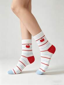 1/5 Pairs Summer Thin Versatile Cute Cat Striped & Polka Dot Mid-Calf Socks - Multicolor - View 14