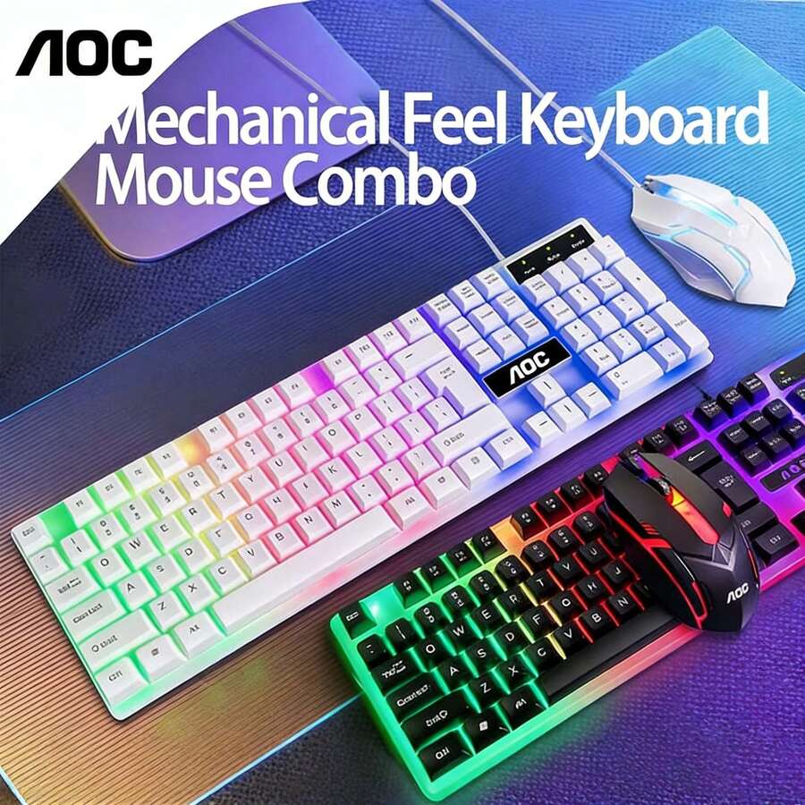 AOC Combo de teclado y ratón con cable KM100: ratón silencioso y teclado cómodo, disponible en blanco y negro, Plug and Play, conjunto universal con cable para ordenador, teclas de alta definición, ratón silencioso para uso de oficina. - Ver 1