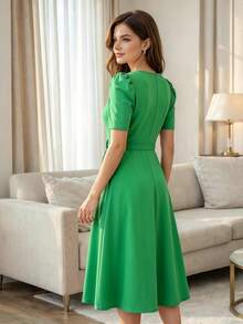 Women's Spring Summer Puff Sleeve Midi Dress, Muti Colors Available, Ruched Waist Belt Design, Elegant Solid Color A-Line Dress, For Office, Wedding Guest, Church & Daily Casual Wear | Full Figure Flattering/Dresses For Women/Dresses/Dress/Summer Dresses For Women/Vestidos Elegantes De Mujer/White Dresses For Women/Summer Dresses/Summer Outfits For Women/Dresses For Women Summer/Graduation Dresses For Women - 綠色日常版 - 查看 3