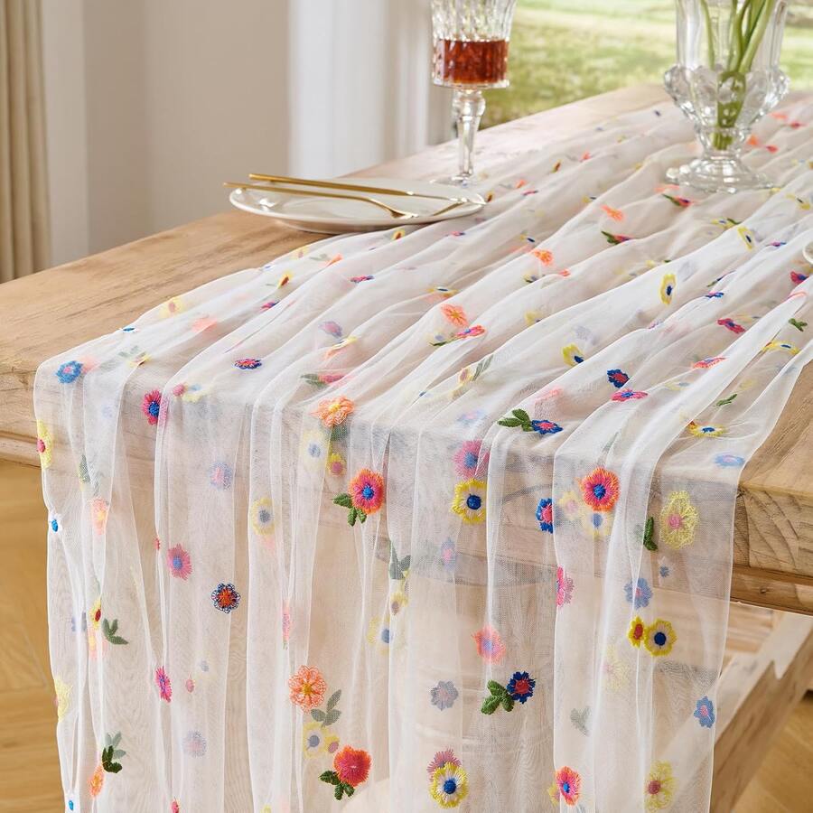 10 pies Camino de mesa bordado de margaritas de primavera, decoración floral para fiestas, cumpleaños, cocina y comedor en el hogar - Blanco - Ver 1