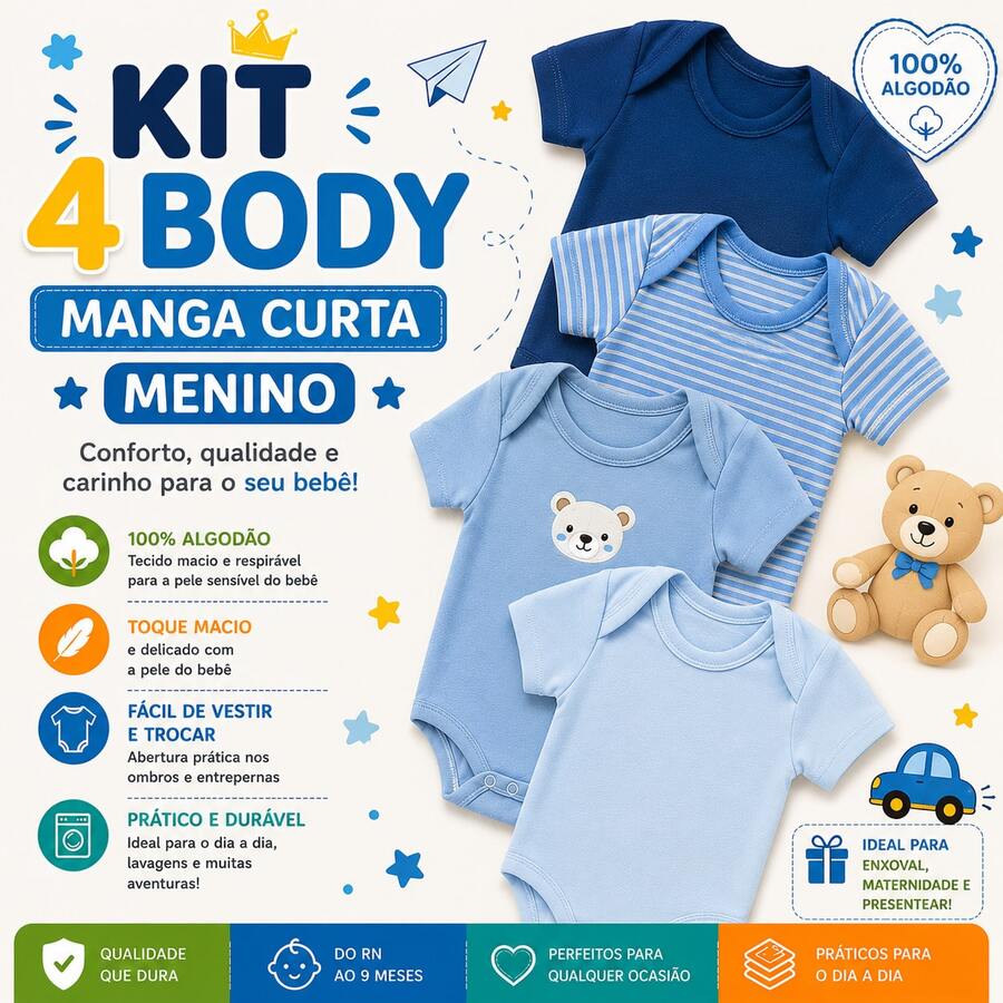 Baby Set Of 4 Short-Sleeved Bodysuits, 100% Cotton – Newborn Maternity Layette – Unisex (Boy/Girl) – Assorted Colors - 男生 - 查看 1