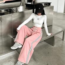 Pantalones largos con cordón y rayas laterales para mujer - Rosa - Ver 3
