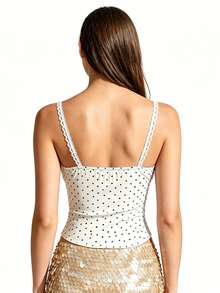 Spaghetti Strap Dot Print Crop Camisole - Lace Trim Fitted Summer Top For Party Daily - White - View 5