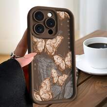 1pc Vintage Style Butterfly Phone Case, Made Of High-Quality Bamboo, Deep Brown Base With Light Brown Butterfly Sketch Pattern, Compatible With Apple 7/8/XR/11 Pro Max/12 Pro Max/13 Pro Max/14 Pro Max/15 Pro Max/16 Plus/16 Pro Max/17 Pro Max/17, 16E, Phone Accessories, Phone Protective Cover - Brown - View 1