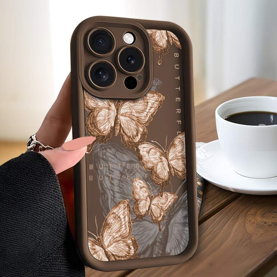 1pc Vintage Style Butterfly Phone Case, Made Of High-Quality Bamboo, Deep Brown Base With Light Brown Butterfly Sketch Pattern, Compatible With Apple 7/8/XR/11 Pro Max/12 Pro Max/13 Pro Max/14 Pro Max/15 Pro Max/16 Plus/16 Pro Max/17 Pro Max/17, 16E, Phone Accessories, Phone Protective Cover - Brown - View 1